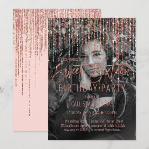 ピンクローズ金ゴールドグリッターフリンジフォトスイート16 招待状