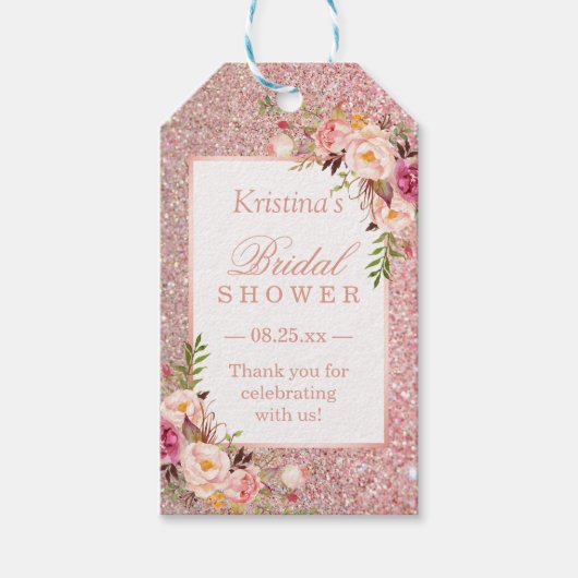 ピンクローズ金ゴールドグリッターフローラブライダルシャワー ギフトタグ (正面)