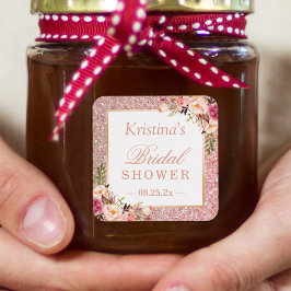 ピンクローズ金ゴールドグリッターフローラブライダルシャワー スクエアシール