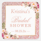 ピンクローズ金ゴールドグリッターフローラブライダルシャワー スクエアシール (正面)