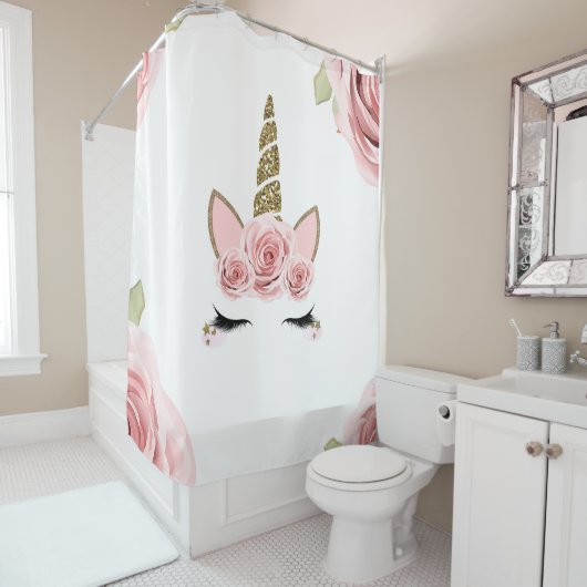 ピンクローズ金ゴールドグリッターユニコーントレンディーかわいい シャワーカーテン (インサイチュ)