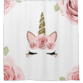 ピンクローズ金ゴールドグリッターユニコーントレンディーかわいい シャワーカーテン (正面)