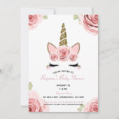 ピンクローズ金ゴールドグリッターユニコーンフローラベビーシャワー 招待状 (正面)