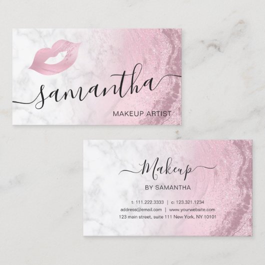 ピンクローズ金ゴールドグリッターリップスマーブル化粧アーティスト 名刺 (正面/裏面)