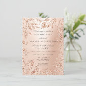 ピンクローズ金ゴールドグリッターリーフフローラフレームクリスタル 招待状 (スタンド正面)