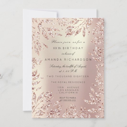 ピンクローズ金ゴールドグリッターリーフフローラフレーム真珠 招待状 (正面)