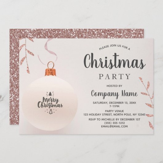 ピンクローズ金ゴールドグリッター企業のホリデーパーティー 招待状 (正面/裏面)