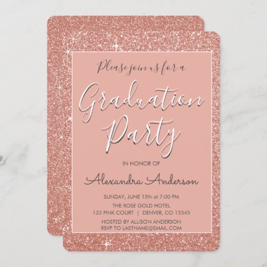 ピンクローズ金ゴールドグリッター卒業パーティー 招待状 (正面/裏面)