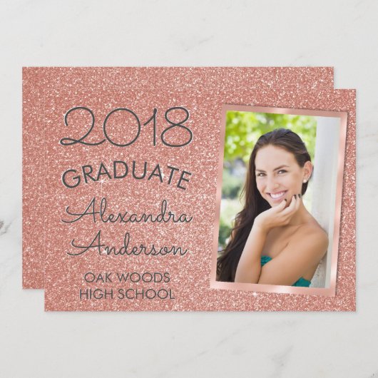 ピンクローズ金ゴールドグリッター卒業発表 招待状 (正面/裏面)