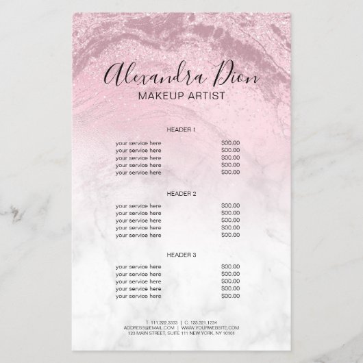 ピンクローズ金ゴールドグリッター大理石メイクアップアーティスト チラシ (正面)