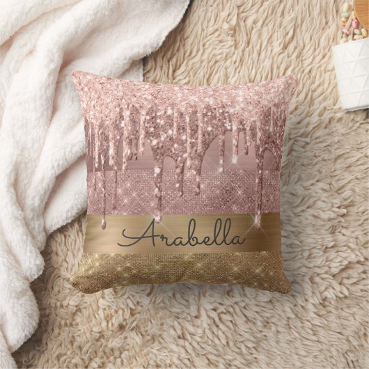 ピンクローズ金ゴールドグリッター滴下モストライプノグラム クッション (ブランケット)