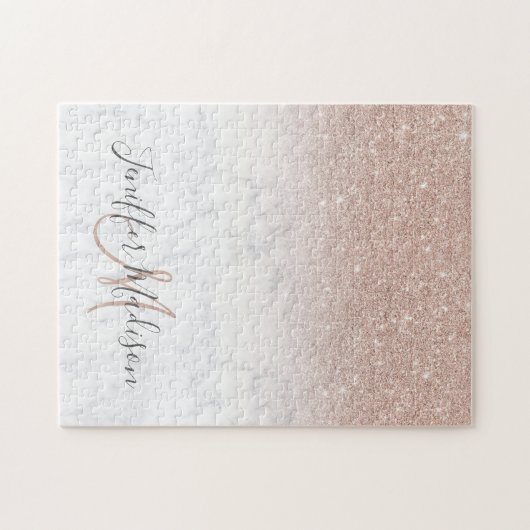 ピンクローズ金ゴールドグリッター白大理石パーソナライズされた ジグソーパズル (横)