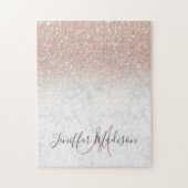 ピンクローズ金ゴールドグリッター白大理石パーソナライズされた ジグソーパズル (縦)