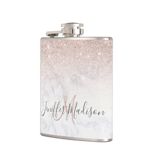 ピンクローズ金ゴールドグリッター白大理石パーソナライズされた フラスク (左)