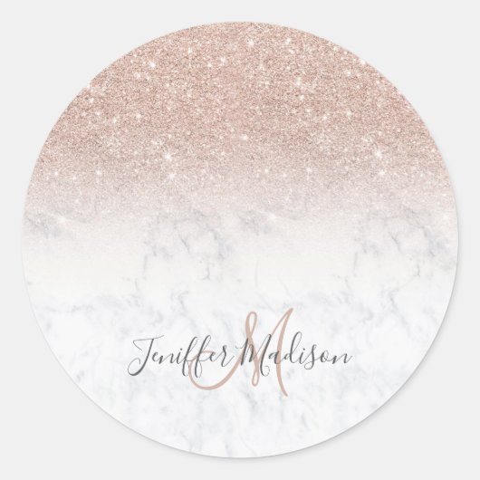 ピンクローズ金ゴールドグリッター白大理石パーソナライズされた ラウンドシール (正面)