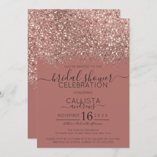 ピンクローズ金ゴールドグリッター紙吹雪ブライダルシャワー 招待状 (正面/裏面)