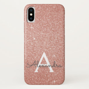 ピンクローズ金ゴールドグリッター&スパルクルモノグラム iPhone X ケース