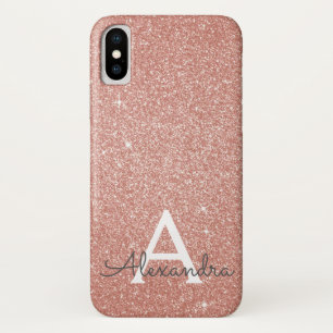 ピンクローズ金ゴールドグリッター&スパルクルモノグラム iPhone X ケース