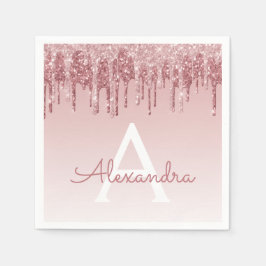 ピンクローズ金ゴールドグリッター&スパークルモノグラム誕生日 スタンダードカクテルナプキン