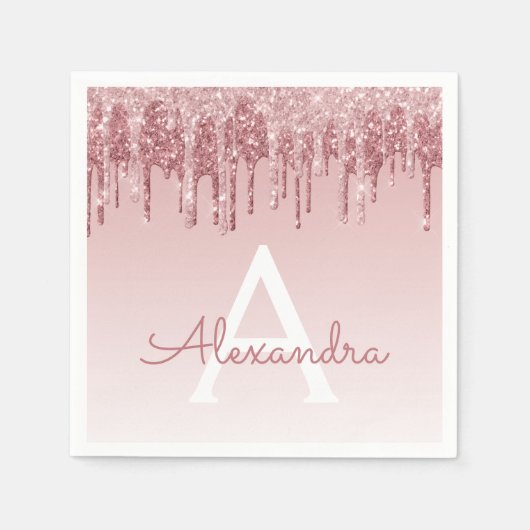 ピンクローズ金ゴールドグリッター&スパークルモノグラム誕生日 スタンダードカクテルナプキン (正面)
