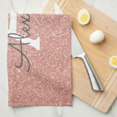 ピンクローズ金ゴールドグリッター&スパークルモノグラム キッチンタオル (四つ折り)