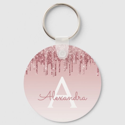 ピンクローズ金ゴールドグリッター&スパークルモノグラム キーホルダー (正面)