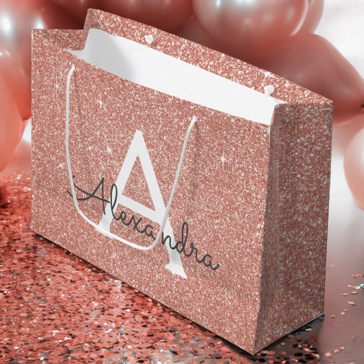 ピンクローズ金ゴールドグリッター&スパークルモノグラム ラージペーパーバッグ