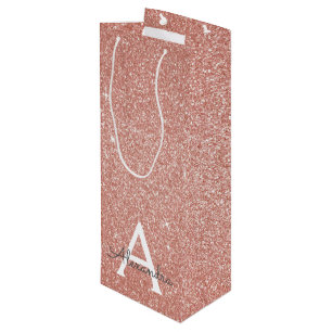 ピンクローズ金ゴールドグリッター&スパークルモノグラム ワインギフトバッグ