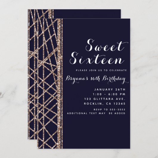 ピンクローズ金ゴールドグリッター&ブルーグラムバースデーパーティー 招待状 (正面/裏面)