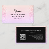 ピンクローズ金ゴールドグリッターQRコードシザーモダン 名刺 (正面/裏面)