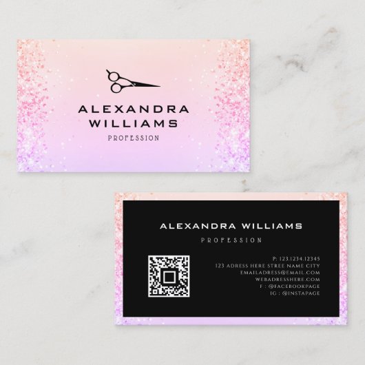 ピンクローズ金ゴールドグリッターQRコードシザーモダン 名刺 (正面/裏面)