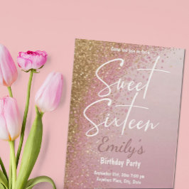 ピンクローズ金ゴールドグリッターSweet sixteenパーティー 招待状