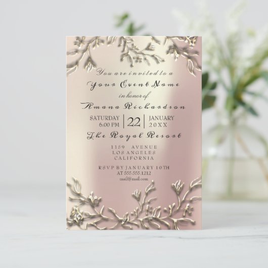 ピンクローズ金ゴールドシャンパイニュフローラ3Dエフェクトブライダル 招待状 (スタンド正面)