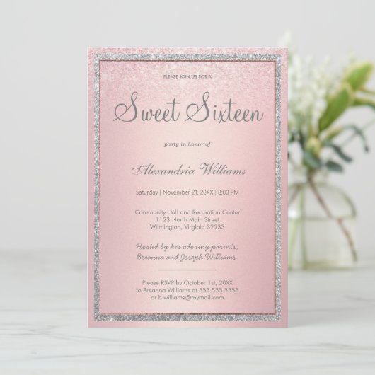 ピンクローズ金ゴールドシルバーグリッターグラディエント甘い16 招待状 (スタンド正面)
