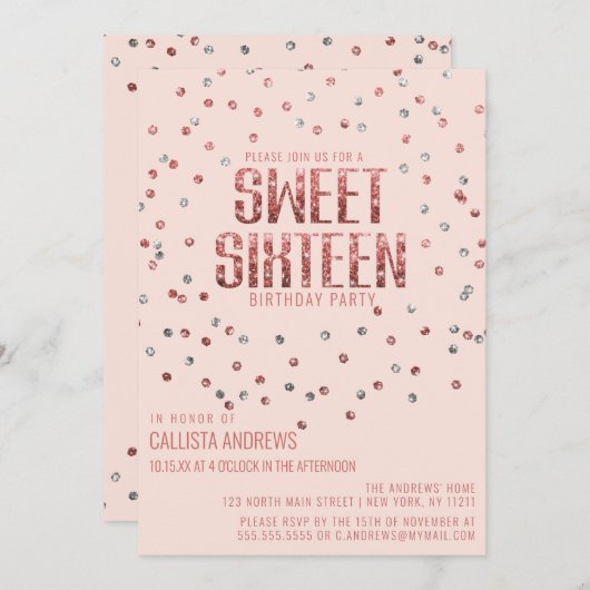 ピンクローズ金ゴールドシルバーグリッター紙吹雪スウィート16 招待状 (正面/裏面)