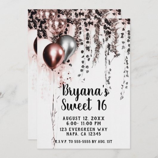 ピンクローズ金ゴールドシルバーバルーン素朴アイビースウィート16 招待状 (正面/裏面)