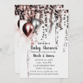 ピンクローズ金ゴールドシルバー風船&アイビーベビーシャワー 招待状 (正面/裏面)