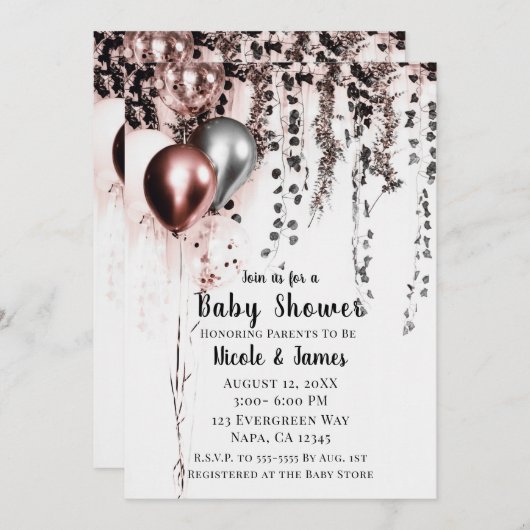ピンクローズ金ゴールドシルバー風船&アイビーベビーシャワー 招待状 (正面/裏面)