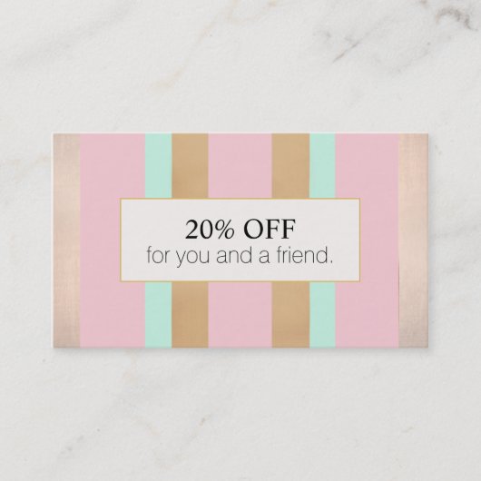 ピンクローズ金ゴールドストライプのサロン紹介割引 紹介カード (正面)