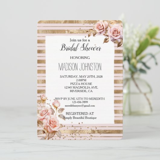 ピンクローズ金ゴールドストライプグリッターブライダルシャワー 招待状 (スタンド正面)