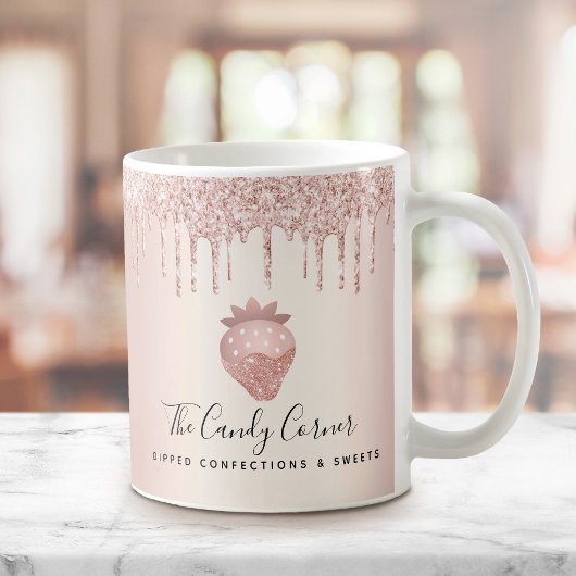 ピンクローズ金ゴールドストロベリーコンフェクショングリッタードリップ コーヒーマグカップ