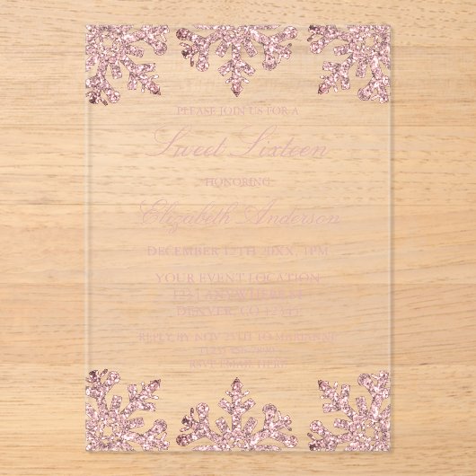 ピンクローズ金ゴールドスノーフレークウィンタースウィート16 アクリル招待状 (正面)