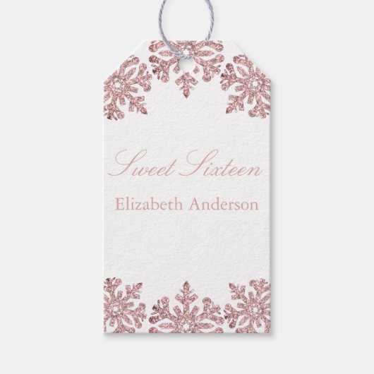ピンクローズ金ゴールドスノーフレークウィンタースウィート16 ギフトタグ (正面)