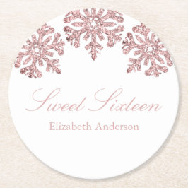 ピンクローズ金ゴールドスノーフレークウィンタースウィート16 ラウンドペーパーコースター