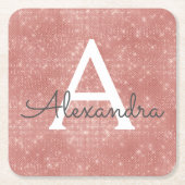 ピンクローズ金ゴールドスパーガーリークルモノグラム誕生日 スクエアペーパーコースター (正面)