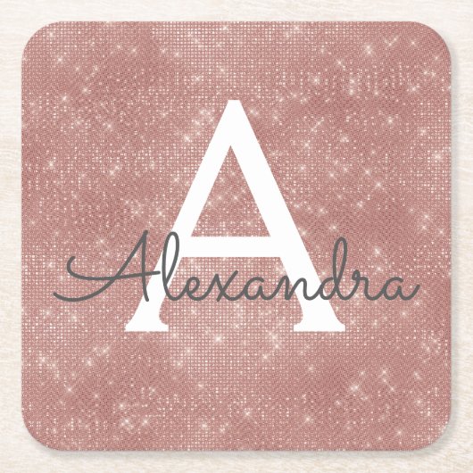 ピンクローズ金ゴールドスパーガーリークルモノグラム誕生日 スクエアペーパーコースター (正面)