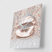 ピンクローズ金ゴールドスパークフローラグリッターリップグレイ スクエア壁時計 (傾斜)