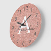 ピンクローズ金ゴールドスパークルグリッターモノグラム名 ラージ壁時計 (傾斜)