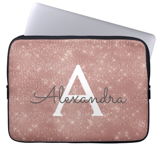 ピンクローズ金ゴールドスパークルモダンモノグラム名 ラップトップスリーブ (正面)