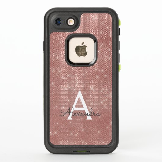 ピンクローズ金ゴールドスパークルモダンモノグラム名 LifeProof iPhoneケース (裏面)